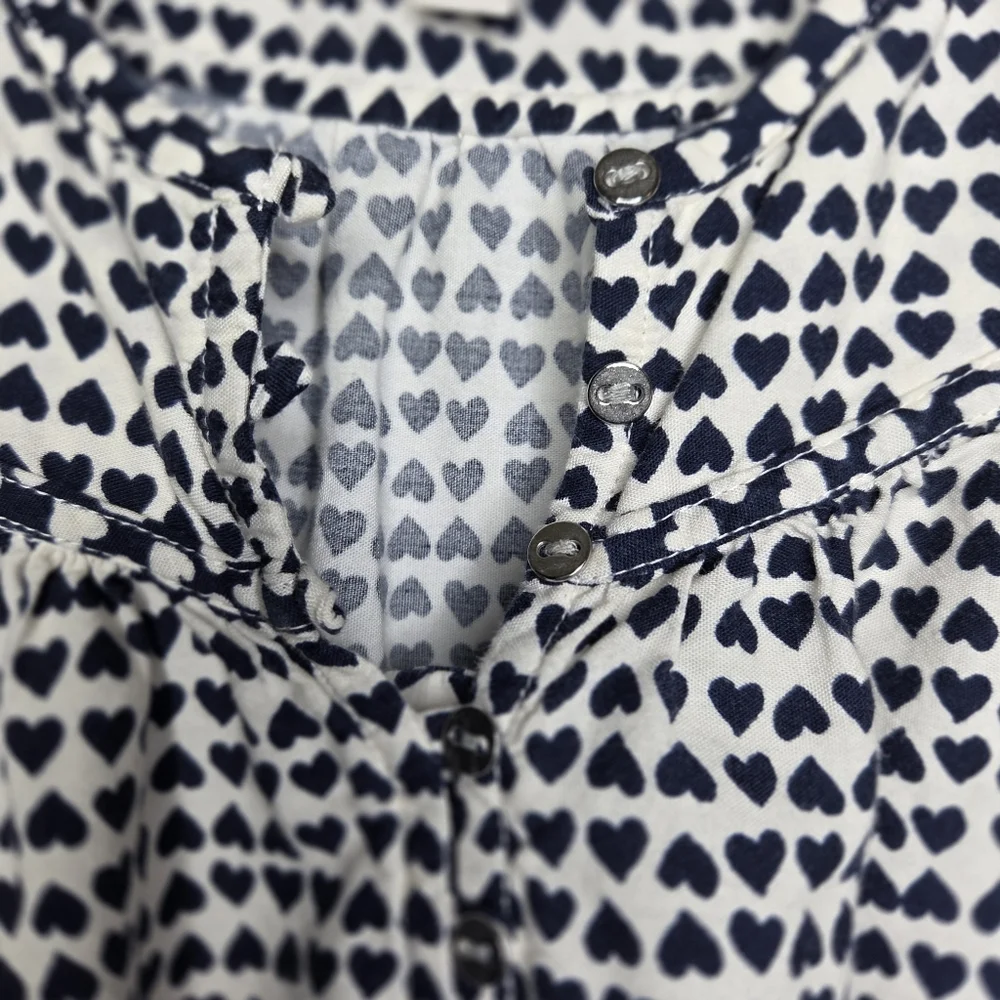 LOFT Navy Blue & White Heart-Print Puff Sleeve Blouse-Size XS Petites